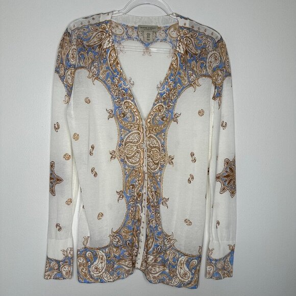 Martha Stewart Cardigan Sweater Size M Cream Blue Paisley - Picture 1 of 11